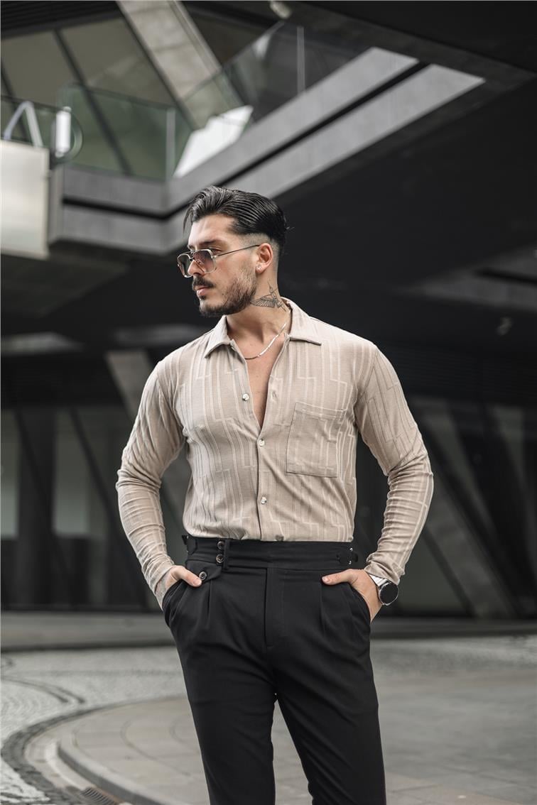 Çizgi İşlemeli Gömlek Bej