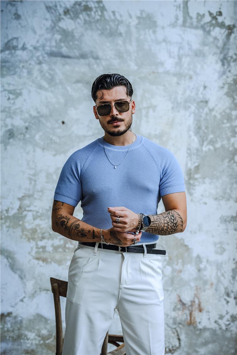 Dar Kalıp Orgülü Triko T-Shirt Açık Mavi