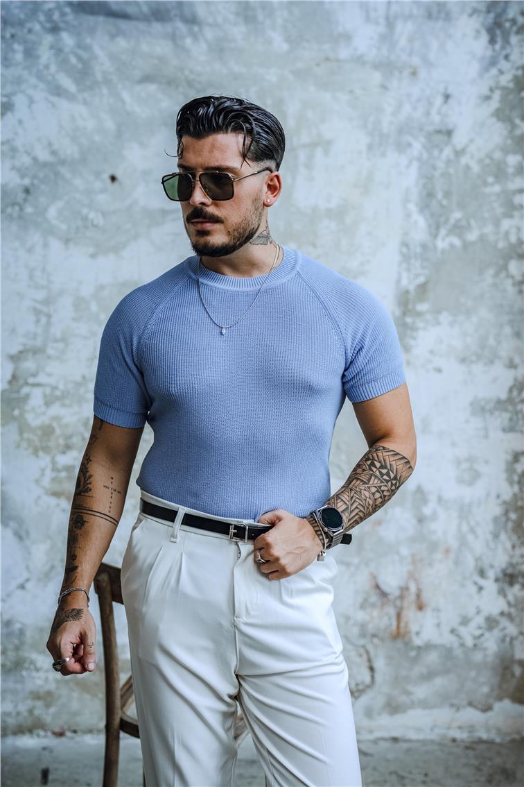 Dar Kalıp Orgülü Triko T-Shirt Açık Mavi