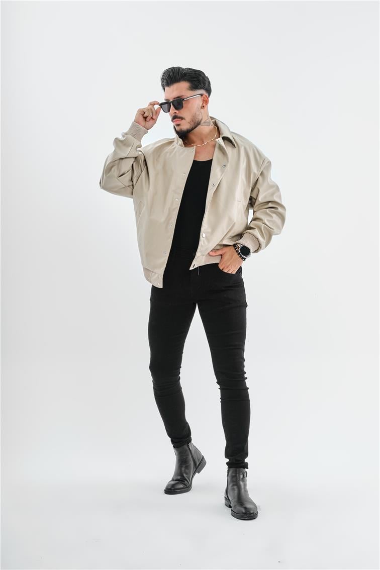 Deri Basic Yaka Deri Oversize Ceket Krem