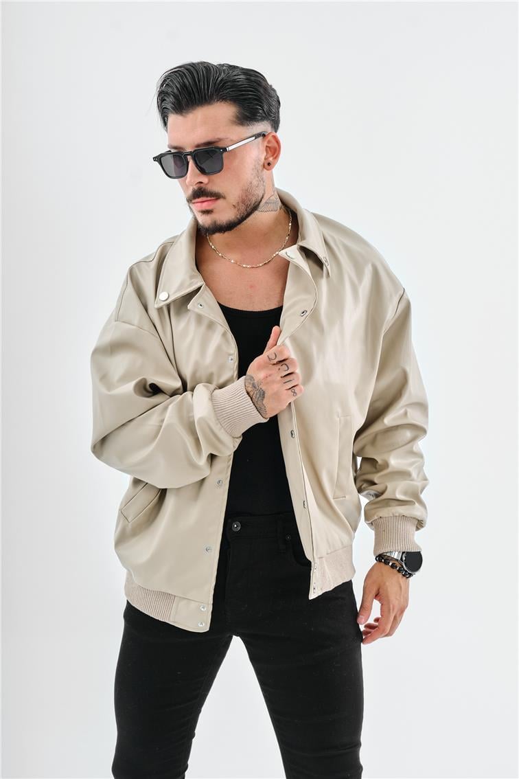 Deri Basic Yaka Deri Oversize Ceket Krem