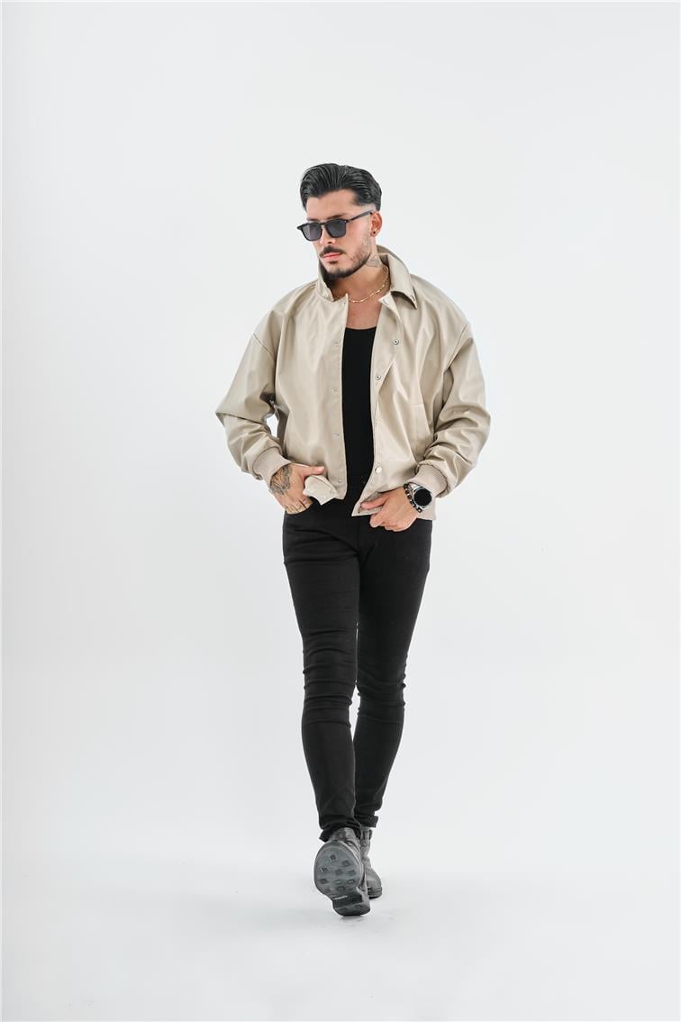 Deri Basic Yaka Deri Oversize Ceket Krem