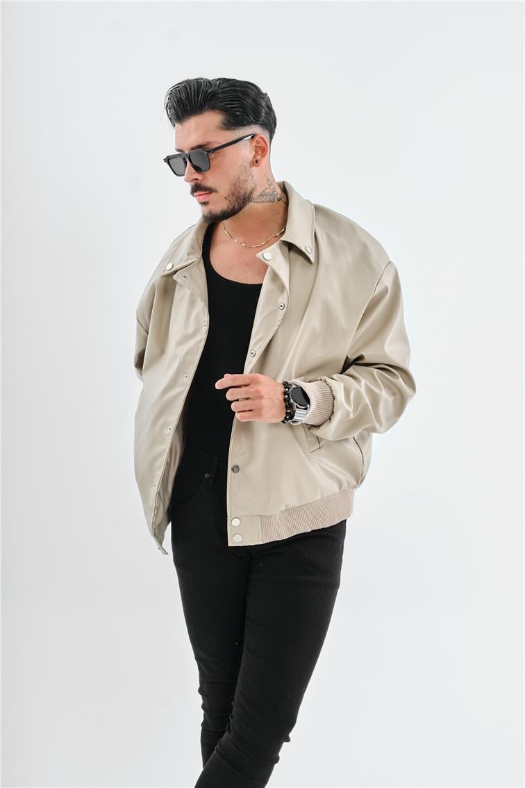 Deri Basic Yaka Deri Oversize Ceket Krem