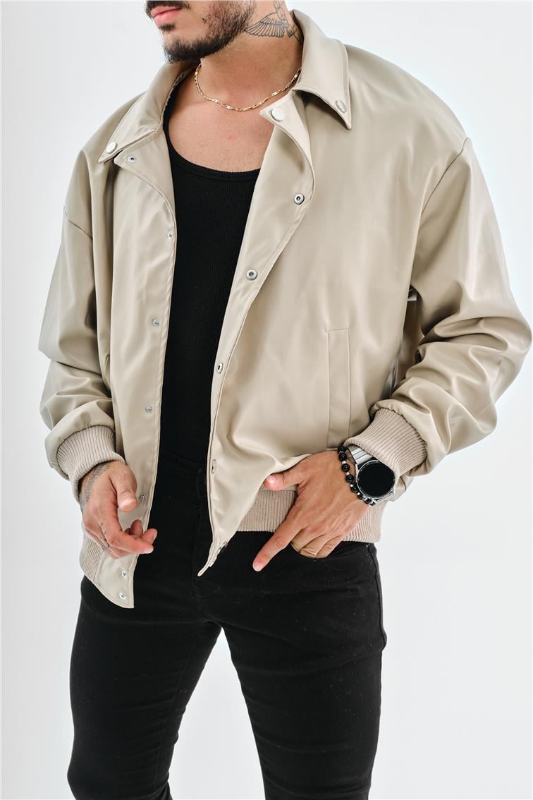 Deri Basic Yaka Deri Oversize Ceket Krem