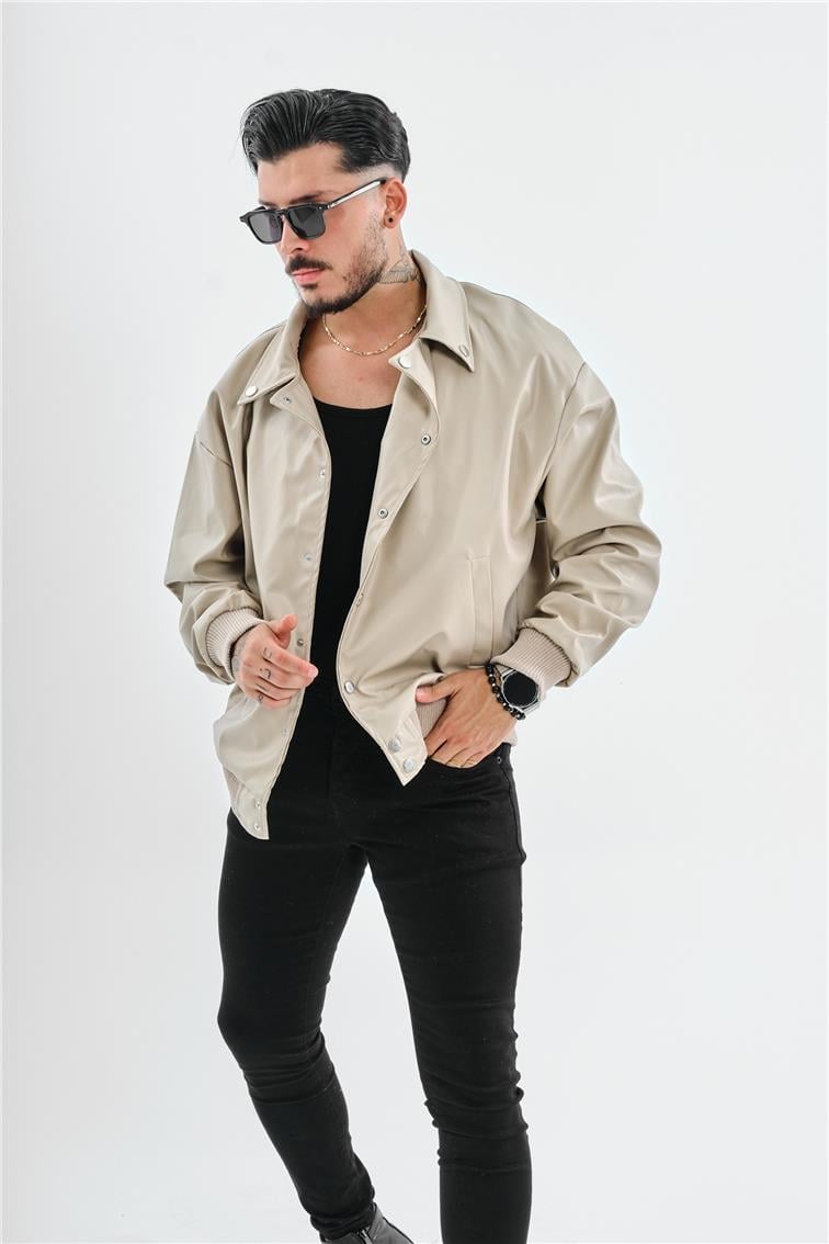 Deri Basic Yaka Deri Oversize Ceket Krem