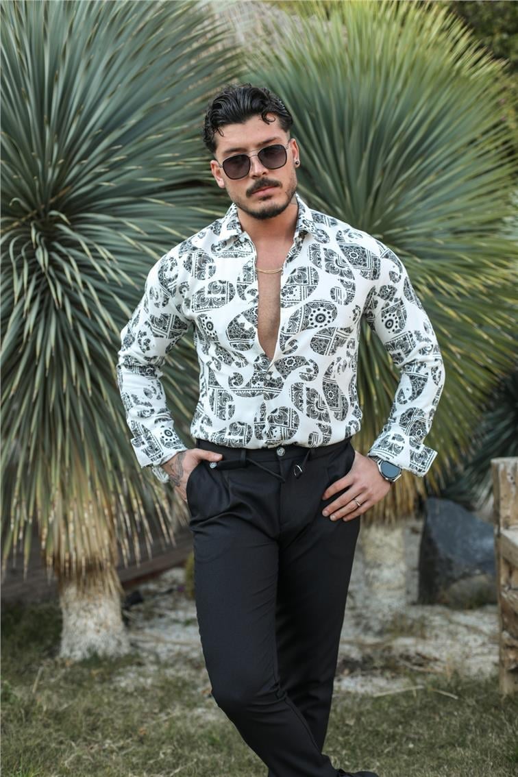 Desenli Uzun Kol Slim Fit Gömlek Beyaz