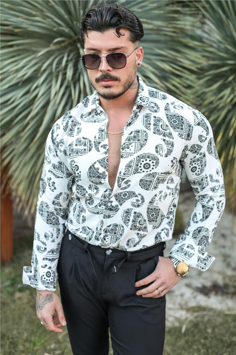 Desenli Uzun Kol Slim Fit Gömlek Beyaz
