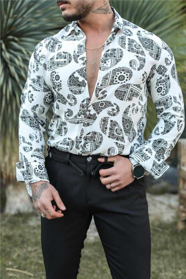 Desenli Uzun Kol Slim Fit Gömlek Beyaz