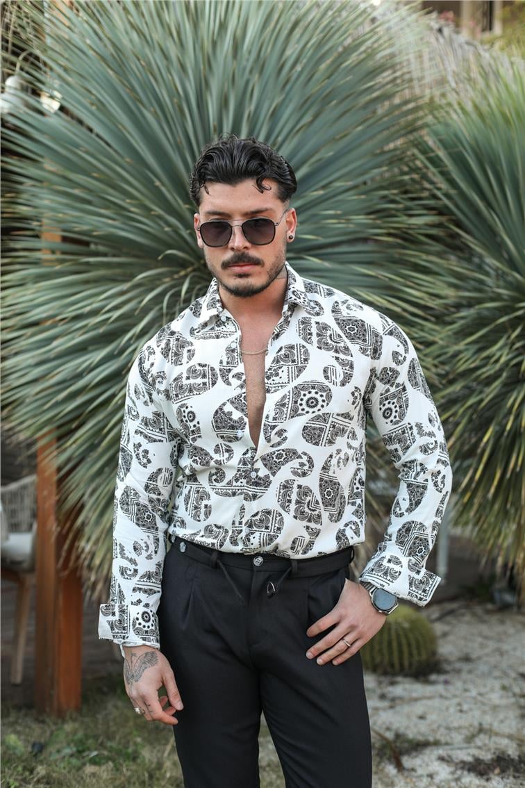 Desenli Uzun Kol Slim Fit Gömlek Beyaz