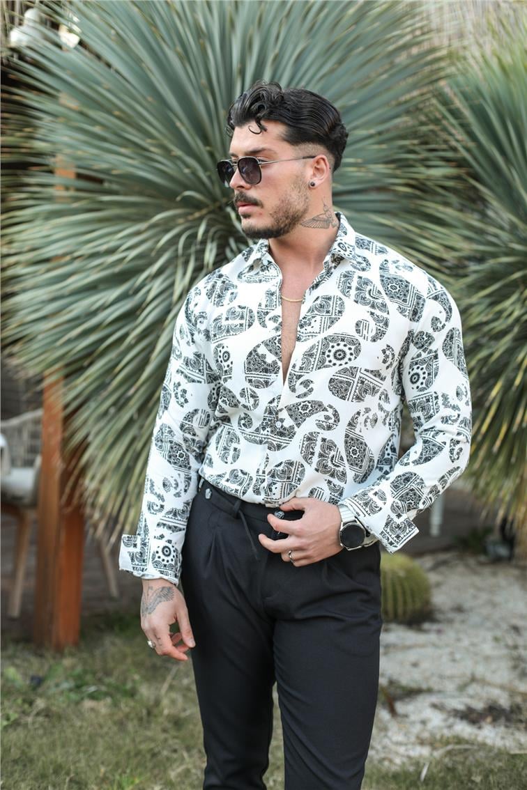 Desenli Uzun Kol Slim Fit Gömlek Beyaz