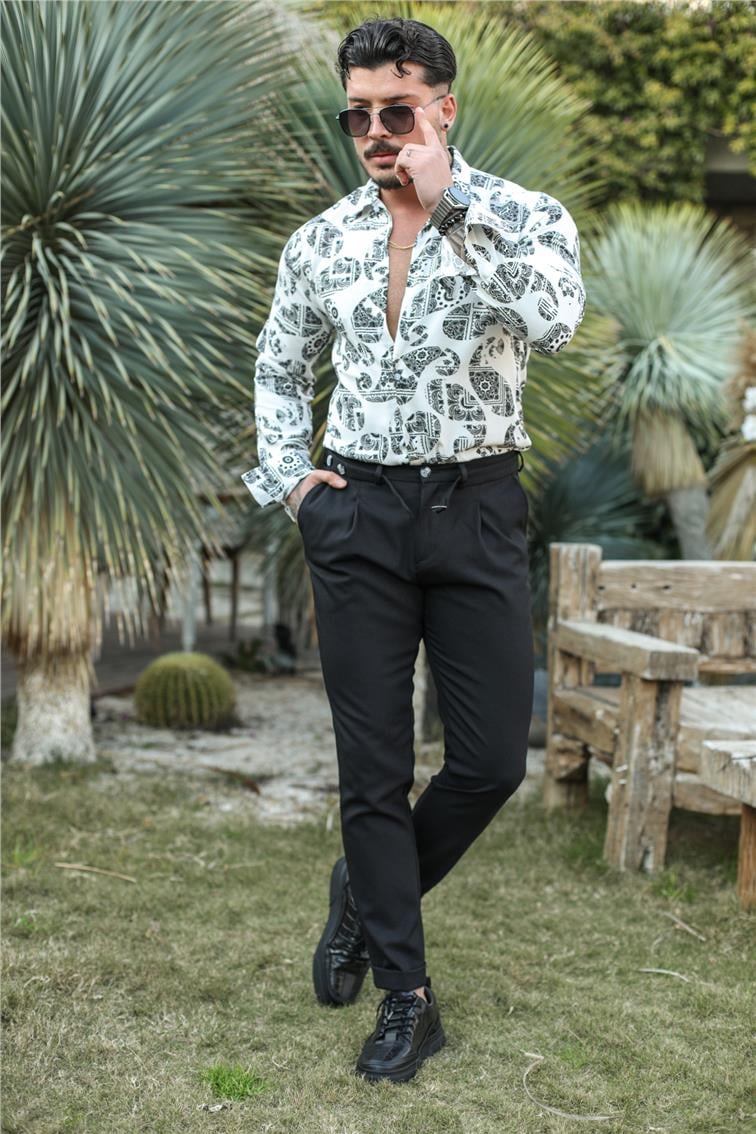 Desenli Uzun Kol Slim Fit Gömlek Beyaz