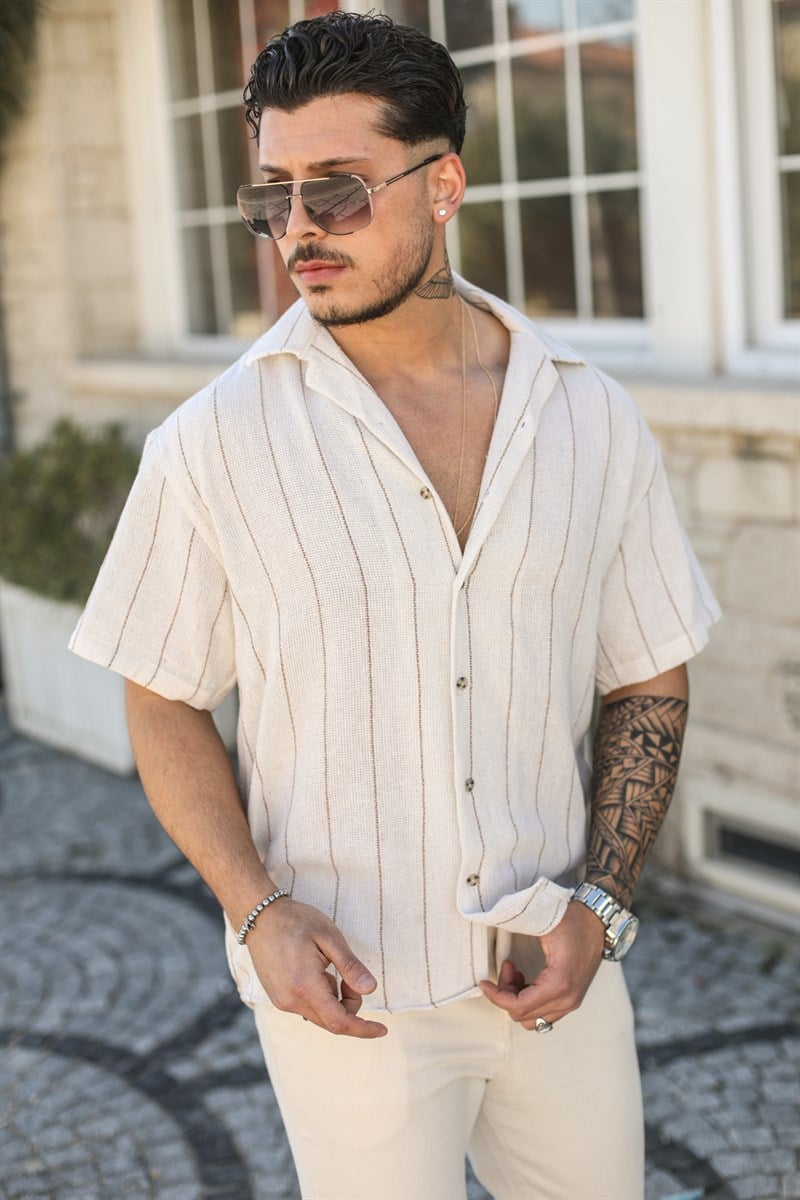 Dik İnce Çizgili Keten Oversize Gömlek