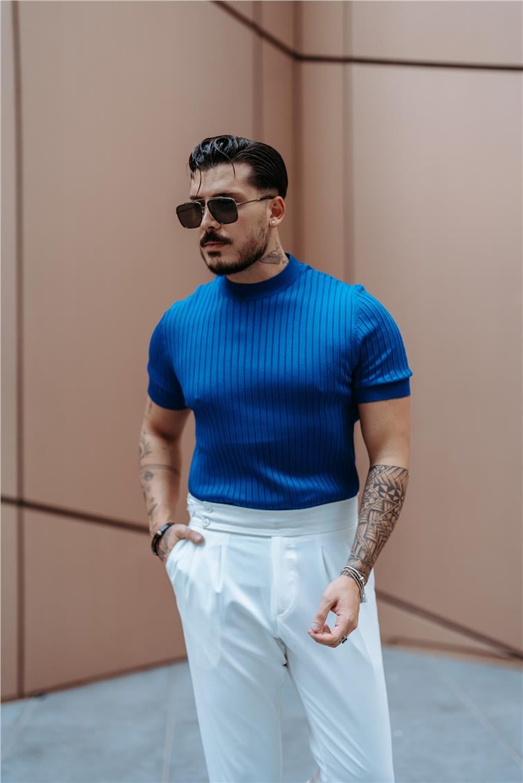 Dik Kabartmalı Slim Fit T-Shirt Koyu Mavi