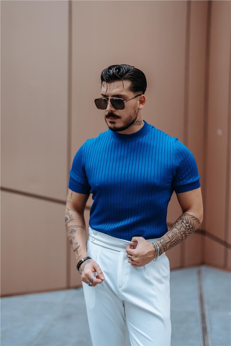 Dik Kabartmalı Slim Fit T-Shirt Koyu Mavi