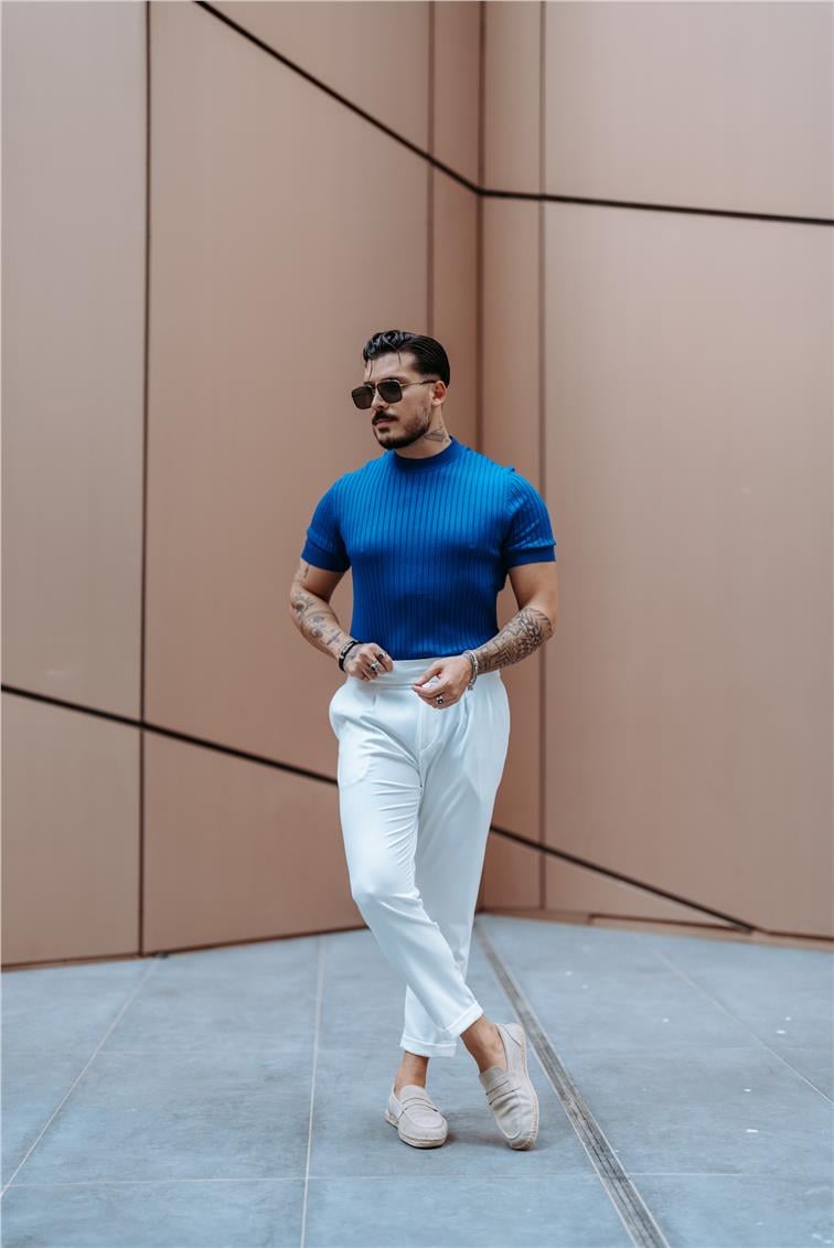 Dik Kabartmalı Slim Fit T-Shirt Koyu Mavi