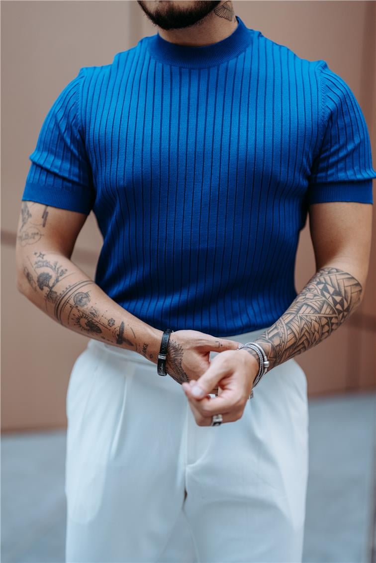 Dik Kabartmalı Slim Fit T-Shirt Koyu Mavi