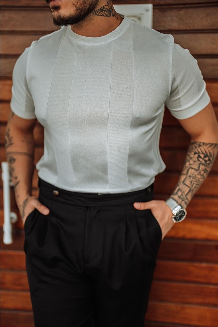 Dik Şeritli Slim Fit Triko T-Shirt Beyaz