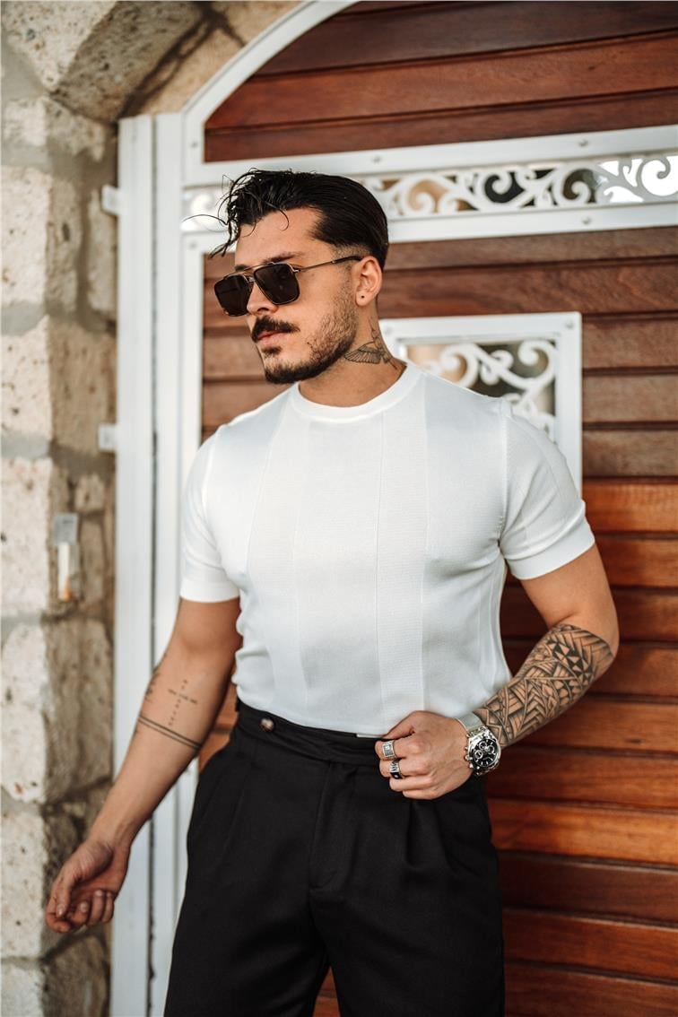 Dik Şeritli Slim Fit Triko T-Shirt Beyaz