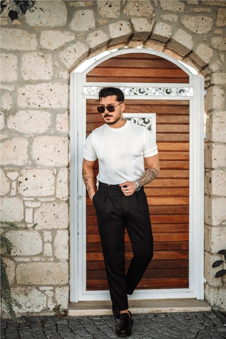 Dik Şeritli Slim Fit Triko T-Shirt Beyaz
