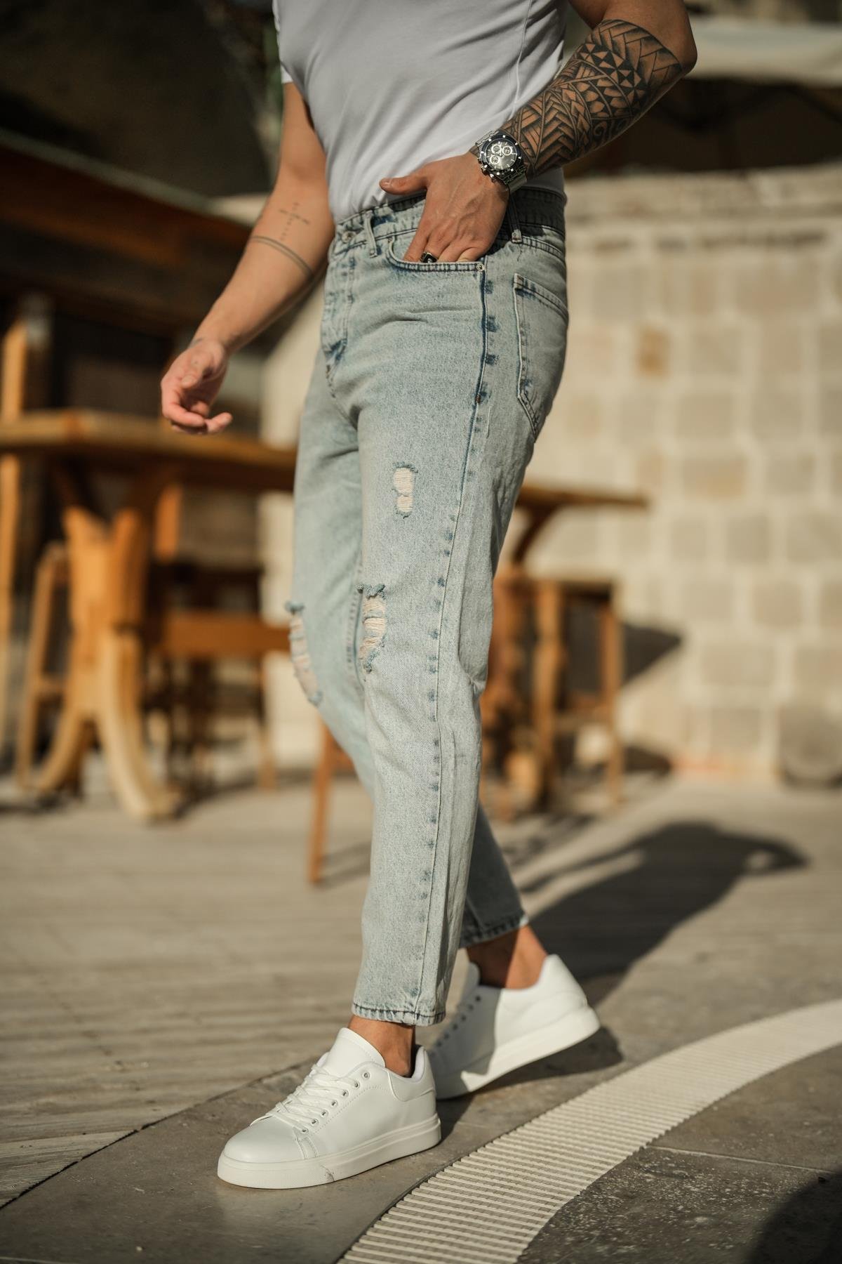 Dizi Yırtık Mom Jean Mavi