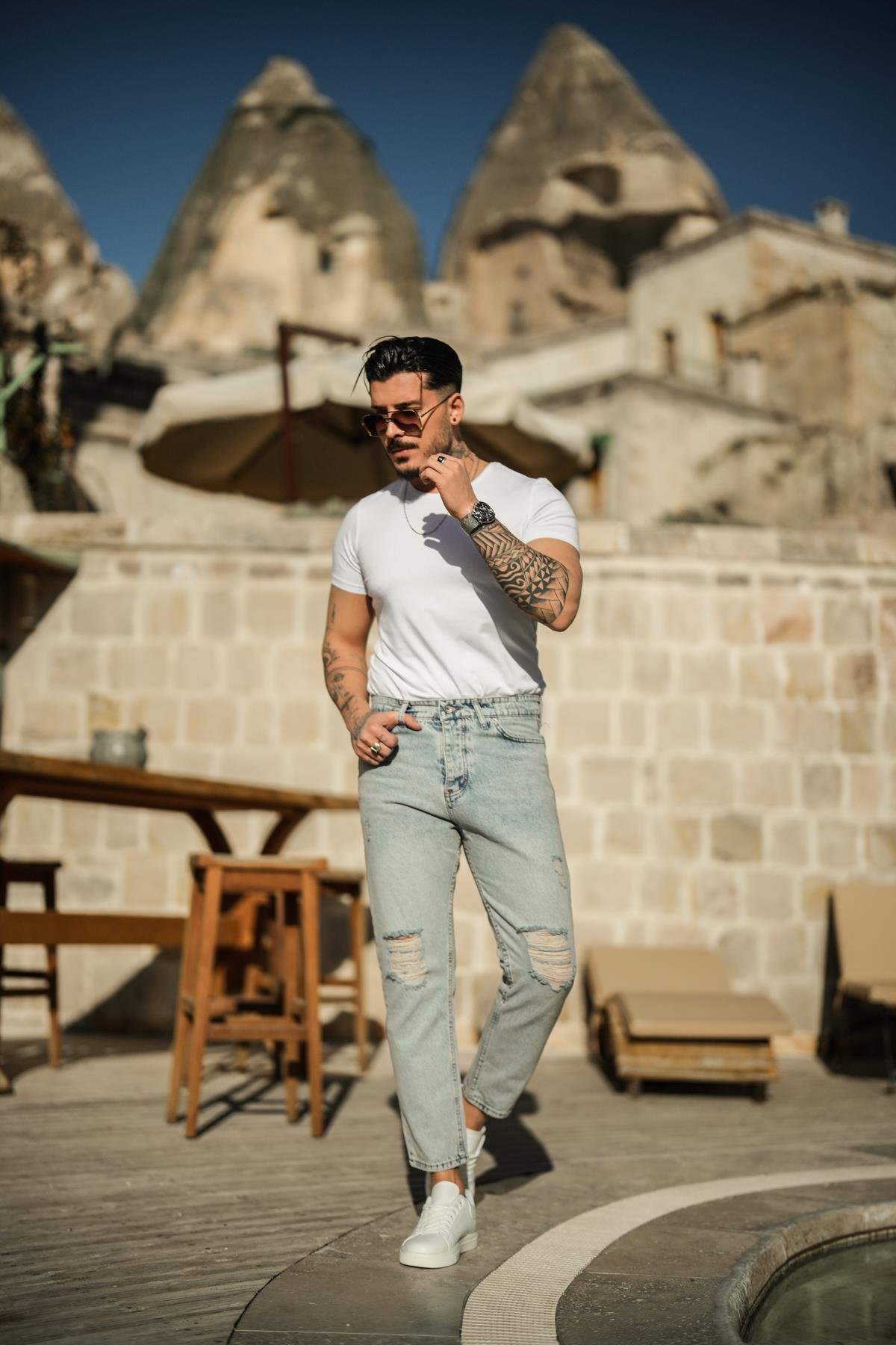 Dizi Yırtık Mom Jean Mavi