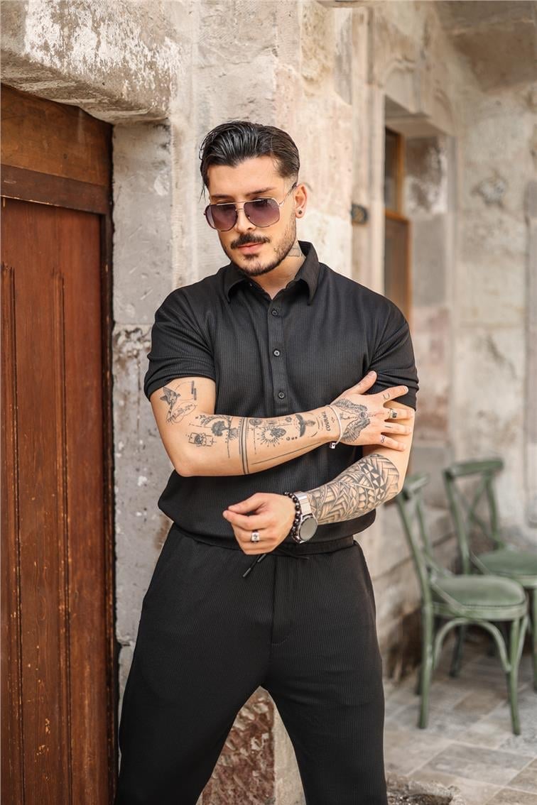 Dört Düğmeli Oversize Polo Yaka Tshırt Siyah