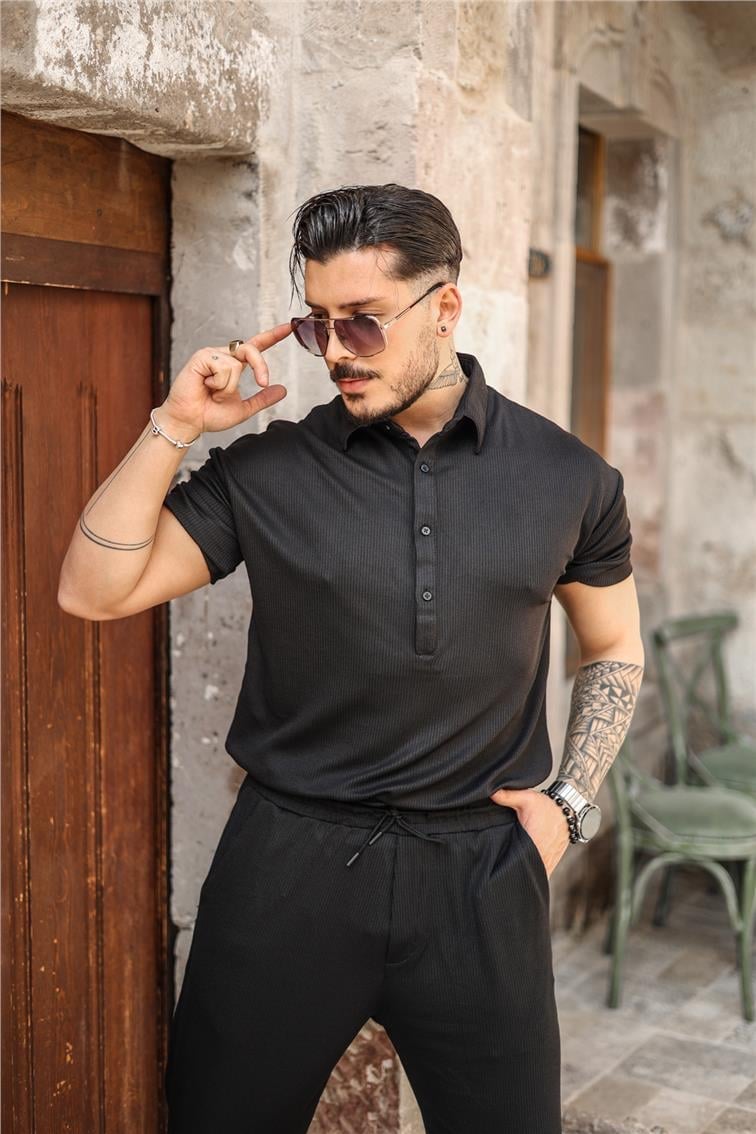 Dört Düğmeli Oversize Polo Yaka Tshırt Siyah