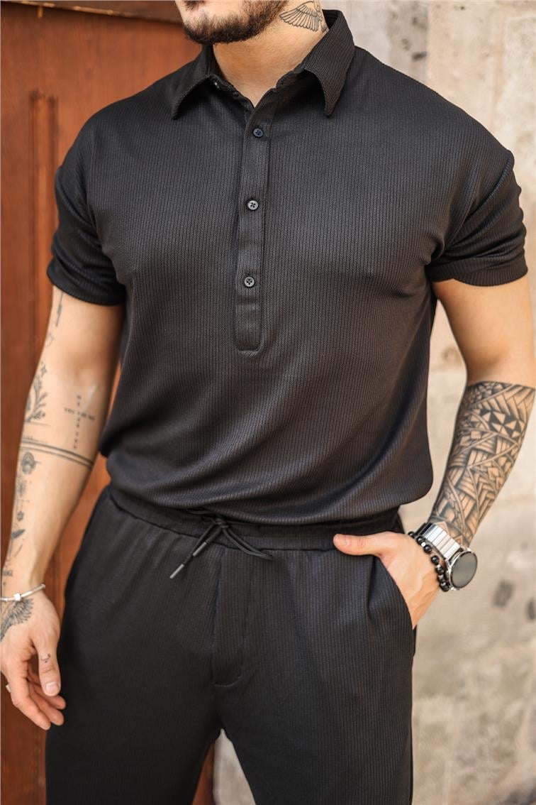 Dört Düğmeli Oversize Polo Yaka Tshırt Siyah