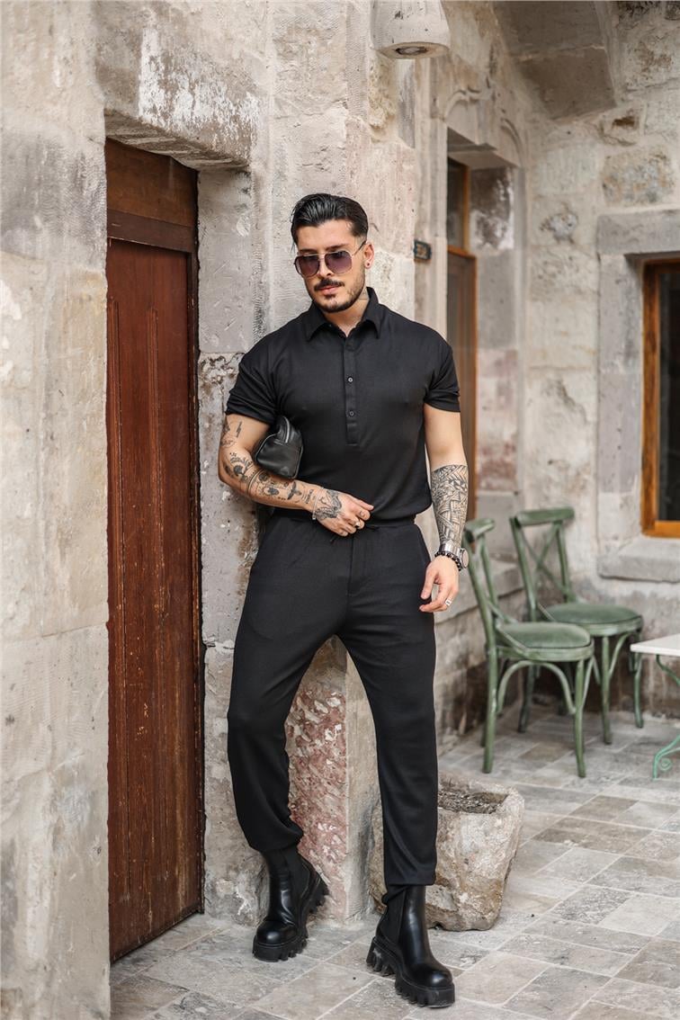 Dört Düğmeli Oversize Polo Yaka Tshırt Siyah