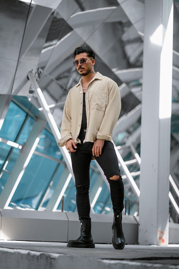 Düğme Detaylı Kadife Oversize Gömlek