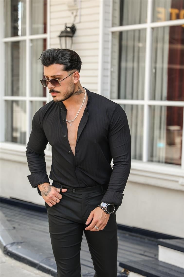Düz Yaka Fitilli Slim Fit Gömlek Siyah