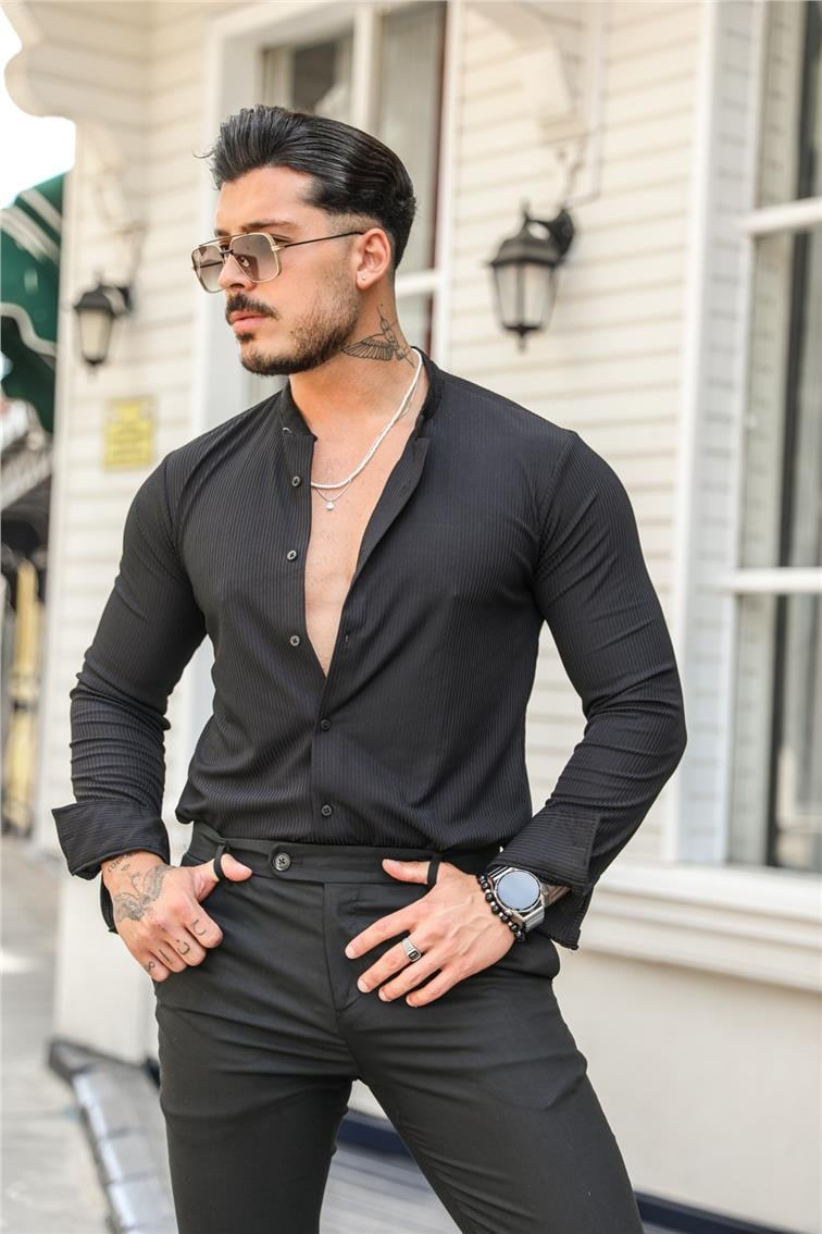 Düz Yaka Fitilli Slim Fit Gömlek Siyah