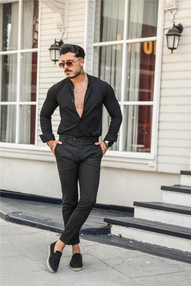 Düz Yaka Fitilli Slim Fit Gömlek Siyah