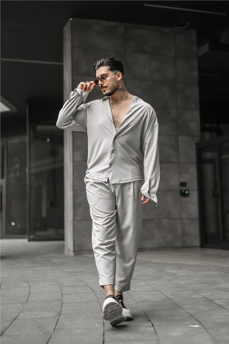 Düz Yaka Pamuklu Oversize Gömlek Gri