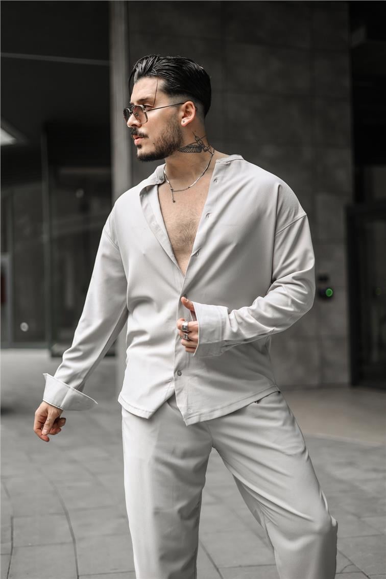 Düz Yaka Pamuklu Oversize Gömlek Gri