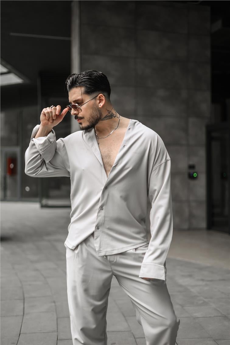 Düz Yaka Pamuklu Oversize Gömlek Gri