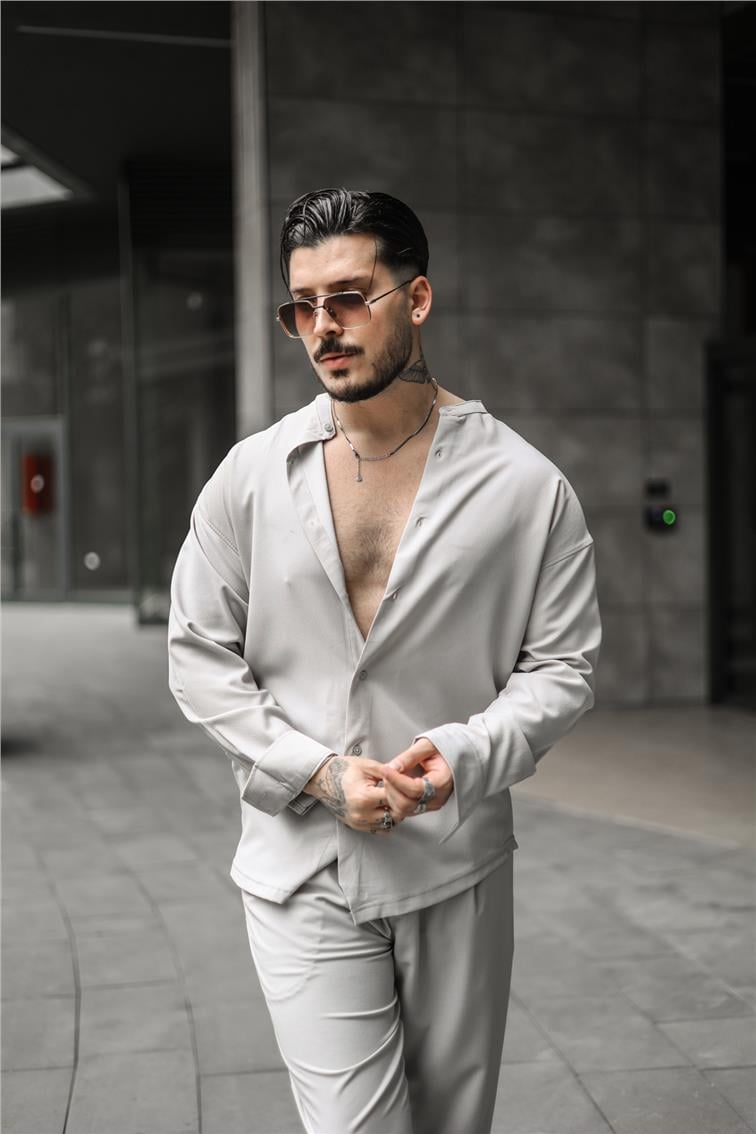 Düz Yaka Pamuklu Oversize Gömlek Gri