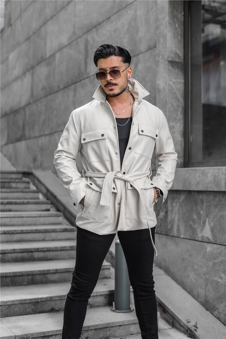 Erkek Vintage Kemerli Deri Ceket Krem