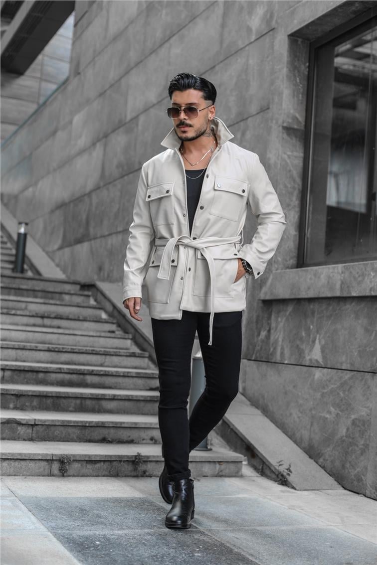 Erkek Vintage Kemerli Deri Ceket Krem