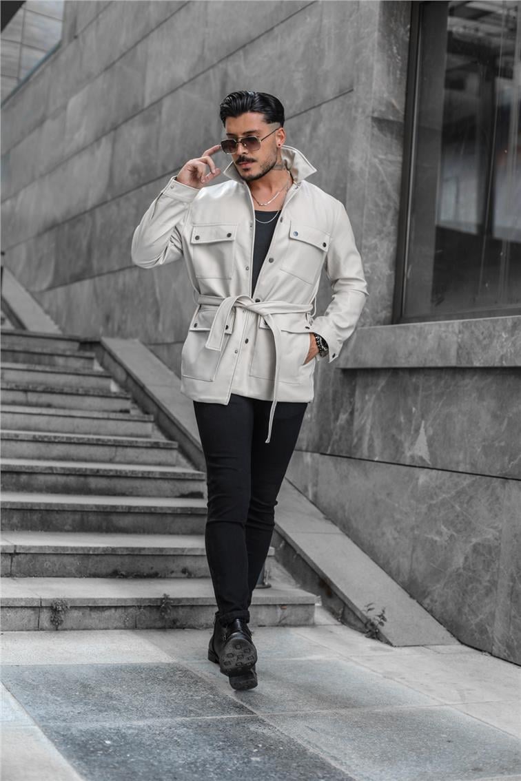 Erkek Vintage Kemerli Deri Ceket Krem