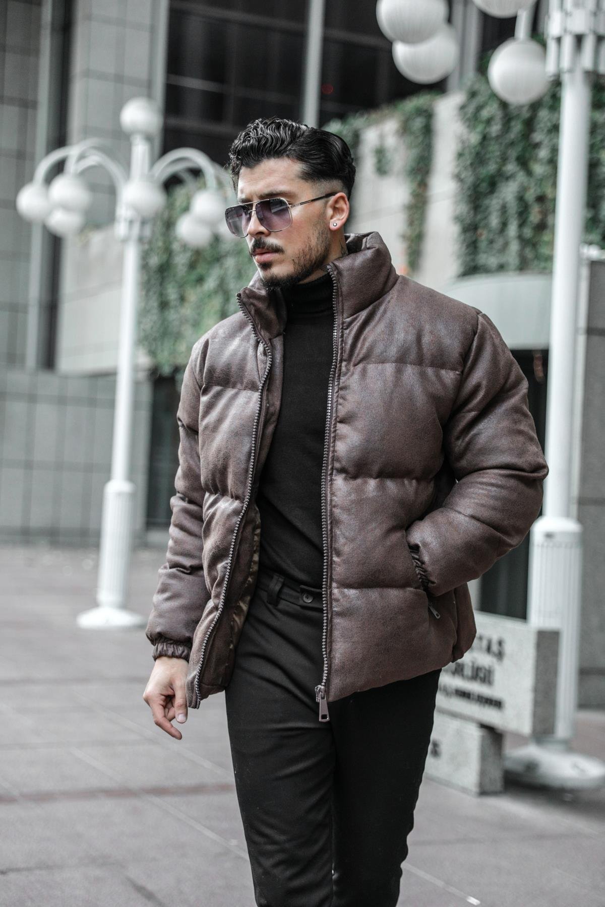 Eskitme Detaylı Şişme Mont Kahve