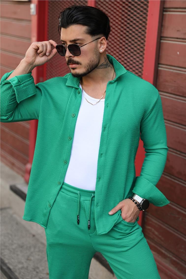 Fitilli Kabartmalı Oversize Gömlek Yeşil