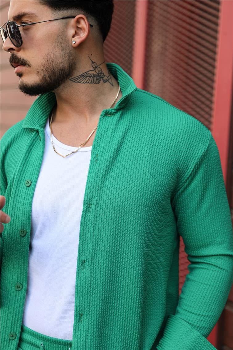 Fitilli Kabartmalı Oversize Gömlek Yeşil
