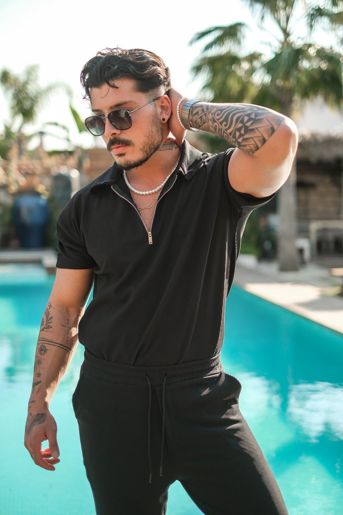 Fitilli Yarım Fermuarlı T-Shirt Siyah