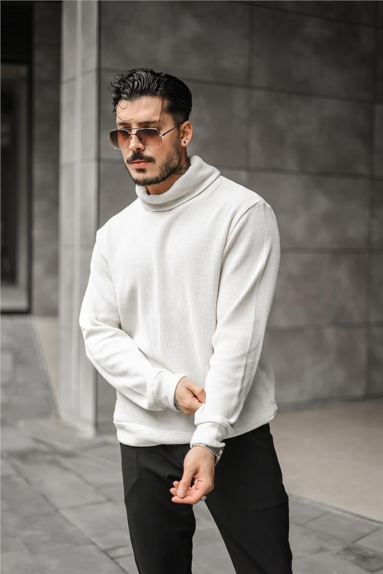 Geniş Ribanalı Oversize Boğazlı Kazak Kırık Beyaz