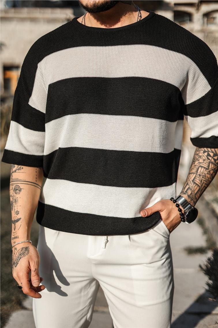 İki Renkli Örme Oversize T-Shirt Siyah