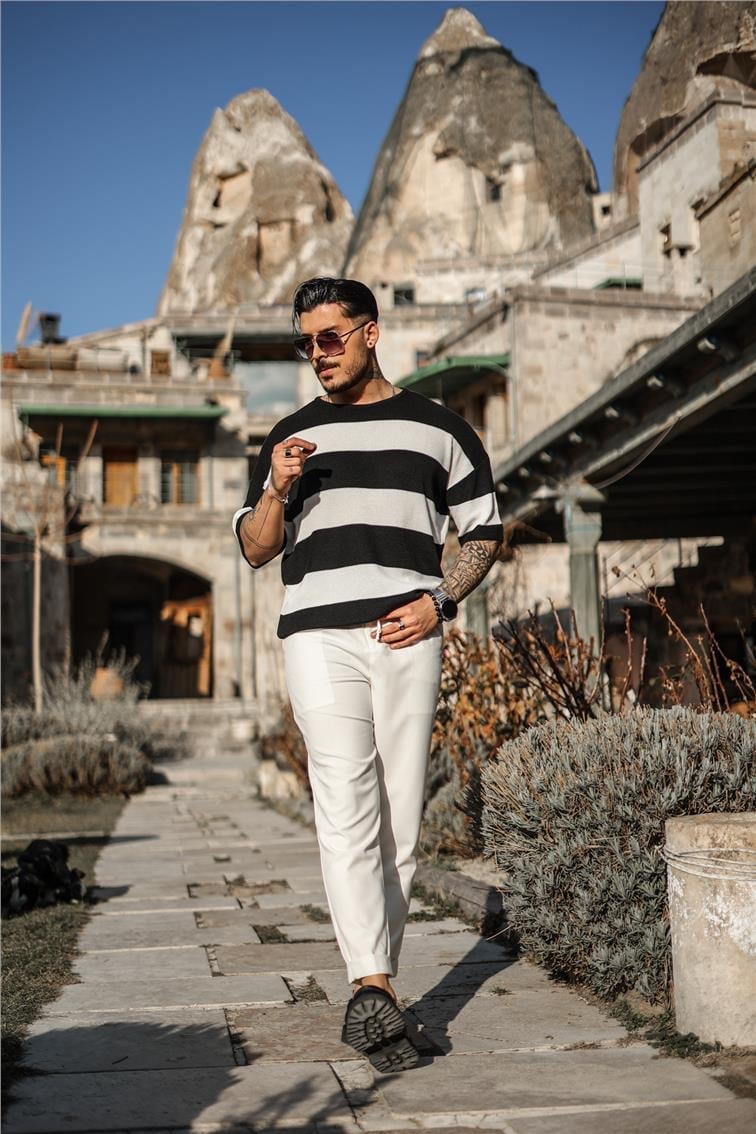 İki Renkli Örme Oversize T-Shirt Siyah