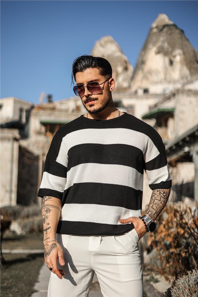 İki Renkli Örme Oversize T-Shirt Siyah