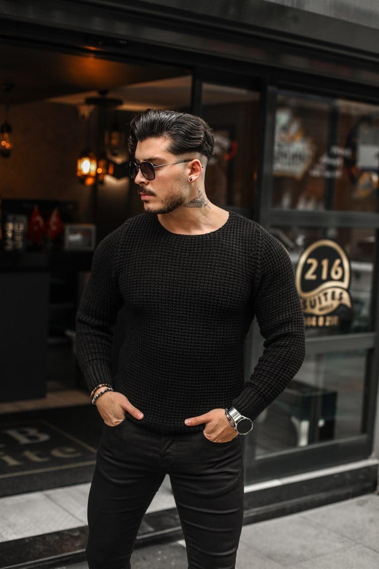 İlmek Örgülü Slim Fit Kazak