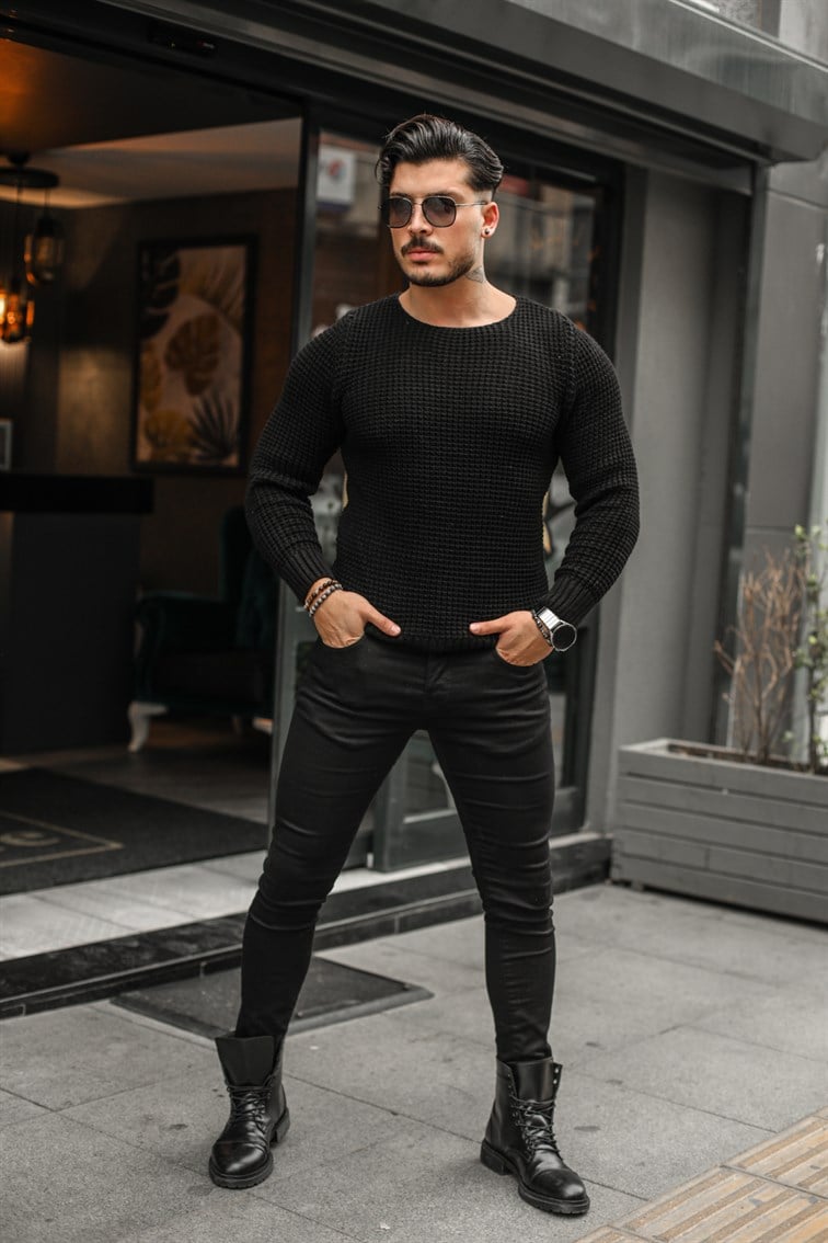 İlmek Örgülü Slim Fit Kazak